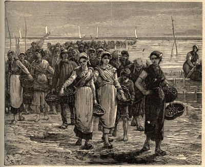 Cancale - Bretania - The Cancalaises powracające z łodzi rybackich - - grawerowanie w „” PATRIE” - PECTUREQUIREQUE OPIS FRANCJI W 6 TOMACH WG LUCIENA HUARDA - koniec XIX wieku autorstwa Unknown artist