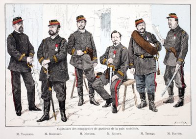 Kapitanowie zmobilizowanych kompanii pokojowych, od lewej do prawej: pan Toquenne, pan Rousseau, pan Mennier, pan Rochut, pan Thomas, pan Blavier. Akwaforta w kolorach, dla ilustracji „Historia Korpusu Sił Pokojowych””” wydana w ramach autorstwa Unknown artist