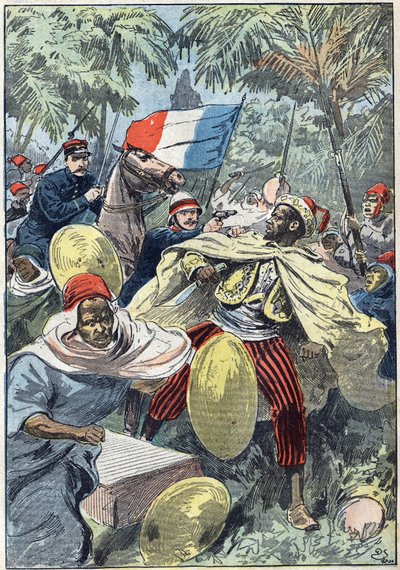 Zdobycie Samory Toure (około 1830-1900), sudańskiego przywódcy i przeciwnika francuskiej kolonizacji w Afryce, przez kapitana Gourauda i porucznika Jacquina. Sudan autorstwa Unknown artist