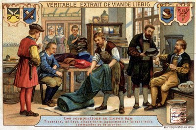 Kariera w średniowieczu: tkacz, krawiec, kapelusznik i paster, zamawiający pralnię chemiczną - chromo Liebig autorstwa Unknown artist
