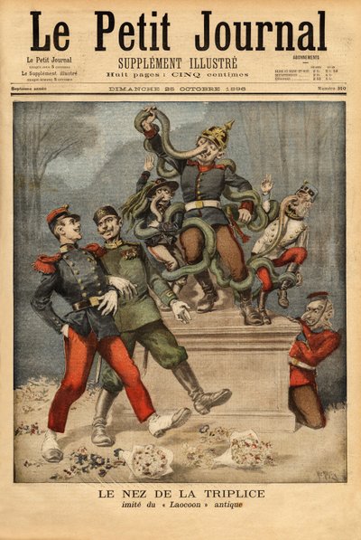 Karykaturalna alegoria o potrójnym lub potrójnym sojuszu między Niemcami, Austro-Węgrami i Włochami, obserwując, jak przechodzi drugi sojusz europejski, Francja z Rosją. Grawer w „”Le petit journal”” 25.10.1896. Kolekcja Selvy. autorstwa Unknown artist