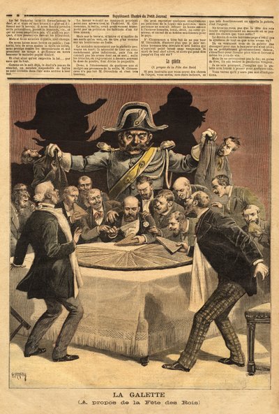 Karykaturalna ilustracja „”la galette””, opowiadająca o uczcie królów, na której bankier kroi tort, wszyscy pospiesznie pospieszyli do udziału i zamiast festynu znaleźli żandarma. Grawerowanie w „”Le petit journal”” 7.01.1893. Kolekcja Selvy. autorstwa Unknown artist