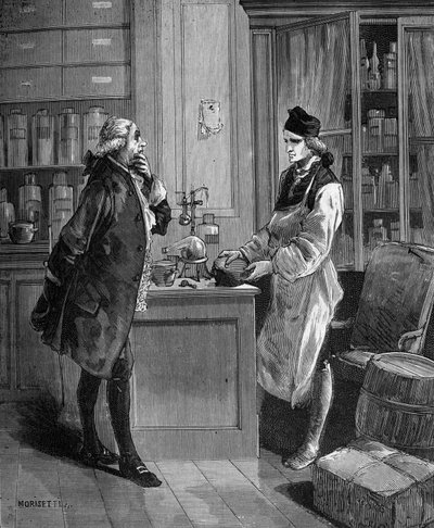 Carl William (Guillaume) Scheele (1742 -1788), szwedzki chemik w swoim laboratorium z chemikiem Tobernem Bergmannem 1735-1784. autorstwa Unknown artist