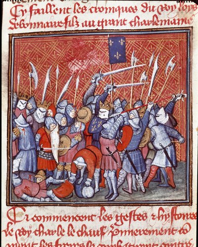Dynastia Karolingów: „”Król karoliński Karol II mówi, że łysy (823-877) podczas bitwy”””Miniatura zaczerpnięta z „”Les grandes Chronicles de France””” XIV-wieczny Chantilly, Musee Conde autorstwa Unknown artist