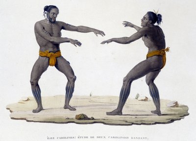 Tańczący mężczyźni z Karoliny (Wyspy Karolińskie, Oceania). autorstwa Unknown artist