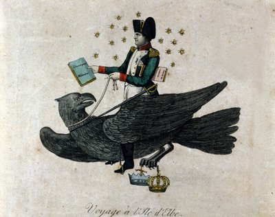 Film o Napoleonie o jego zesłaniu na Elbie. Napoleon na orle trzyma w prawej ręce księgę zatytułowaną Pobór do wojska. Grawerowanie okresu. autorstwa Unknown artist