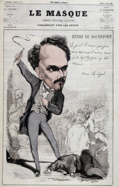 Karykatura Henri de Rocheforta (1831-1913), francuskiego dziennikarza i polityka, który prezentował wrogie gorszym stanowisko republikańskie. w „Le Masque” z 1867 r. autorstwa Unknown artist