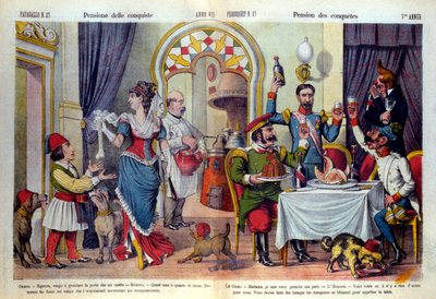 Karykatura włoskiej gazety „Le Parroquet” (il Pappagallo) na Kongresie Berlińskim (Congresso di Berlino) w 1878 r. (Konferencja Dyplomatyczna). Kongres w Berlinie odbył się w celu przeglądu niesprawiedliwości Rosji wobec Turcji: Turcy zmuszeni do zaakcepto autorstwa Unknown artist