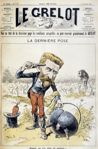 Karykatura o samobójstwie generała Boulangera – w „Le Grelot” z 11.10.1891 r. autorstwa Unknown artist