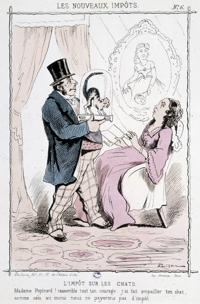Podatek od kota: „Madame Papinard! Zbierz całą swoją odwagę. Wypchałem twojego kota, więc przynajmniej nie zapłacimy podatku”” - karykatura autorstwa Unknown artist