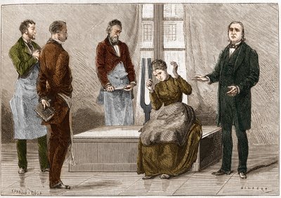 Katalepsja wytworzona pod wpływem dźwięku (Diapason). Francuski neurolog Jean Martin Charcot (1825-1893) (po prawej) demonstruje hipnozę u pacjenta w szpitalu Salpetriere. Ilustracja zaczerpnięta z „”Nature”” 1879 autorstwa Unknown artist