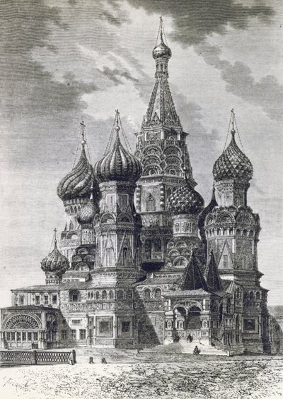 Katedra ochrony Najświętszej Bogurodzicy na fosie lub Wasyla Błogosławionego na placu czerwonym w Moskwie, grawerowanie z wolnej Rosji autorstwa Unknown artist