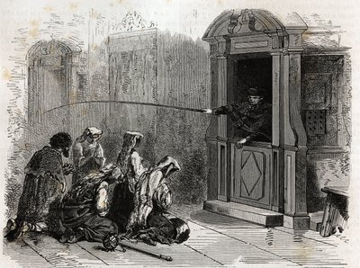 Praktykujący katolicy na modlitwie, otrzymujący zwykłą pokutę, baty podawane przez księdza z budki. Grawer ilustrujący historię Wielkiego Tygodnia w Rzymie w 1863 r. autorstwa Ludovica Cellera w „Le tour du monde, nouveau journal des voyages” publi autorstwa Unknown artist