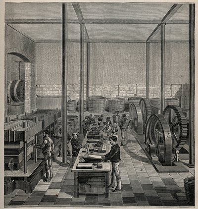 Celuloid: produkcja celuloidu. Grawer z 1885 roku w „Les arts et metiers illustres” Adolphe BITARD. autorstwa Unknown artist