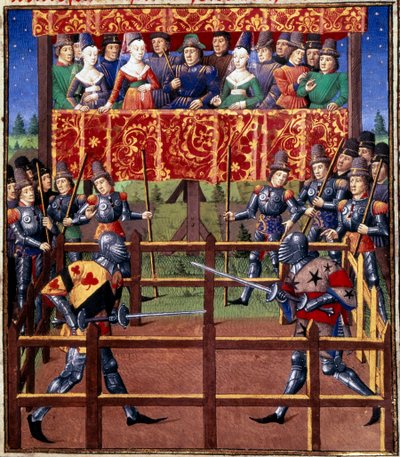 Ceremonie i zarządzenia jako rękojmia bitwy: pojedynek dwóch rycerzy na polu zamkniętym Miniatura z rękopisu Jeana de Rolina (XV w.) 1460 Paryż, B.N. autorstwa Unknown artist