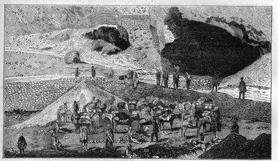 Kopalnia srebra Cerro de Pasco w Peru: transport rudy na grzbiecie Mulet. Grawerowanie w „”La Nature”” autorstwa Unknown artist