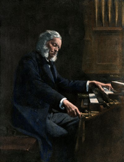 Cesar Franck (1822-1890) grający na organach w kościele Saint Clothilde w Paryżu (Francja) - kolorowa ilustracja autorstwa Unknown Artist