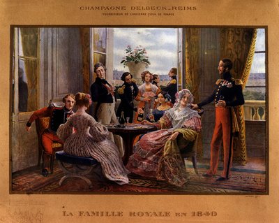 Szampan serwowany przy stole królewskim w 1840 r. - Plakat reklamowy szampana Delbeck „Dostawca dawnego dworu Francji”, koniec XIX w. autorstwa Unknown artist