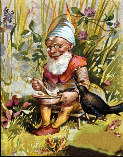 Postać krasnala lub farfadeta zjada zupę. autorstwa Unknown artist