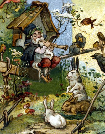 Postać krasnoluda lub flecisty farfadeta. XIX-wieczna chromolitografia. autorstwa Unknown artist