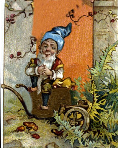 Postać siedzącego krasnala lub farfadeta. XIX-wieczna chromolitografia. autorstwa Unknown artist