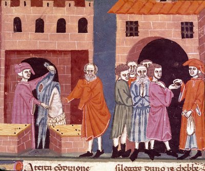 Dobroczynność w średniowieczu: „pomoc publiczna”. Scena miłosierdzia i pomocy ubogim. Miniatura szkoły florenckiej zaczerpnięta z włoskiego przekładu „Pater noster” florenckiego notariusza Ser Zucchero Bencivenniego, pocz. autorstwa Unknown artist