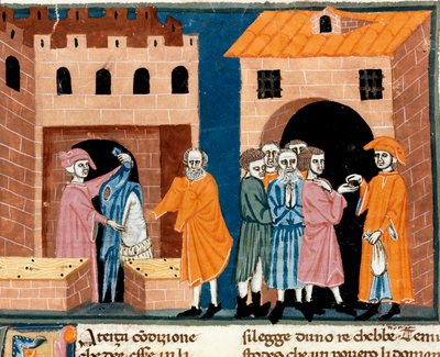 Dobroczynność w średniowieczu: „pomoc publiczna”. Scena miłosierdzia i pomocy ubogim. Miniatura szkoły florenckiej zaczerpnięta z włoskiego przekładu „Pater noster” florenckiego notariusza Ser Zucchero Bencivenniego, pocz. autorstwa Unknown artist