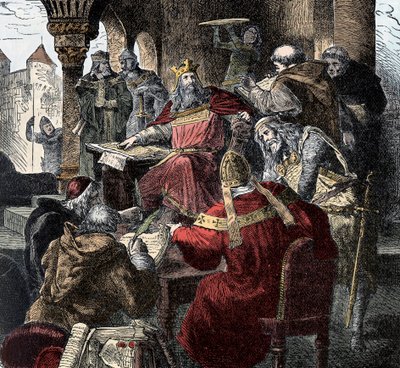 Karol Wielki (742 - 814) na tronie przewodniczący Akademii Pałacowej (grafika) autorstwa Unknown artist
