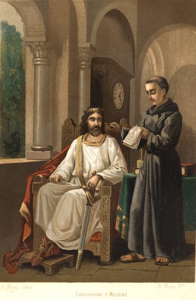 Karol Wielki (747-814), król Franków i cesarz Zachodu oraz Alkuin (ok. 781). wg „La Ciencia y sus Hombres” Louisa Figuiera. Barcelona 1881 autorstwa Unknown artist