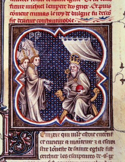 Karol Wielki i biskupi. Miniatura w „Grandes Chronicles de France”. Grandes Chronicles de France Karola V” (k. 102), ok. 1375-1380. BN, Paryż autorstwa Unknown artist