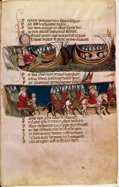 Karol Wielki płynie statkiem, a poniżej prowadzi swoich żołnierzy podczas podbojów (Miniatura autorstwa Unknown artist