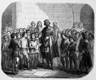 Karol Wielki z wizytą w szkole – w „Historii papieży, królów, królowych, cesarzy na przestrzeni wieków” Maurice Lachatre autorstwa Unknown artist