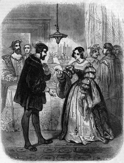 Karol V lub V (1500-1558) z Anną de Pisseleu (1508/1580) księżną Etampes, kochanką Franciszka I, nazywaną La Belle Feronniere. Rycina XIX wieku. autorstwa Unknown artist