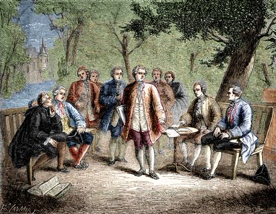 Charles de Secondat Montesquieu z naukowym wieczernikiem zamku Clairac, Francja - Naukowy wieczernik zamku Clairac: Monteskiusz i baron de Secondat, jego, rycerz Vivens, Romas i bracia Dutilh – w „Albumie nauki; I autorstwa Unknown artist