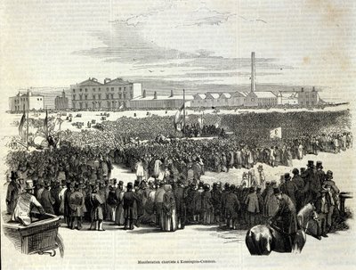Chartist Demonstration w Kennington Common: jest to ruch polityczny robotniczy, prekursor socjalizmu, Grawerowanie z 1848 r. autorstwa Unknown artist