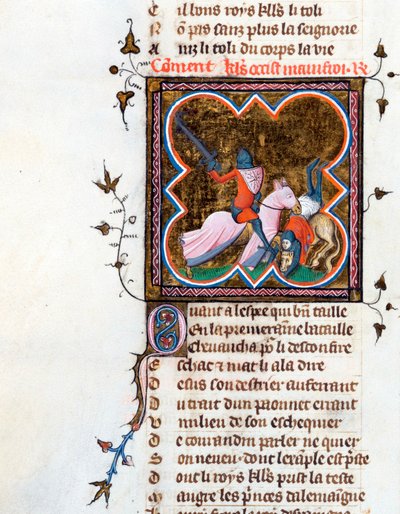 „Rycerz w zbroi”” Podświetlana strona z rękopisu „Le Roman de la Rose” Guillaume de Lorris (około 1200-1238) i Jean de Meun (Meung) (1240-1305) około 1353 Szwajcaria Bibliotheque de Geneve autorstwa Unknown artist