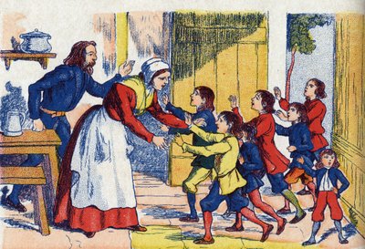 Powroty dzieci, ilustracja do „”Le Pepetit poucet””, opowieść Charlesa Perraulta (1628-1703), francuskiego pisarza. Anonimowa ilustracja. Zdjęcia Marcel Vagne, Jarville Nancy, bez daty (koniec XIX wieku). autorstwa Unknown artist