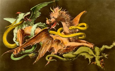 Chimery Smok walczący z dwoma potworami. Rycina z XIX wieku. autorstwa Unknown artist