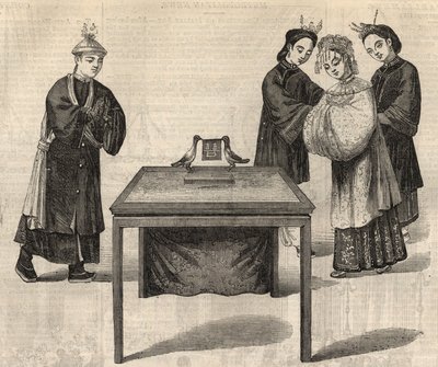 Chiński zwyczaj: podpisanie kontraktu małżeńskiego. Tabliczka z imionami małżonków leży na stole z dwoma gołębiami. Grawerowanie w „The Illustrated London News”” z 14 lutego 1857 r. autorstwa Unknown artist