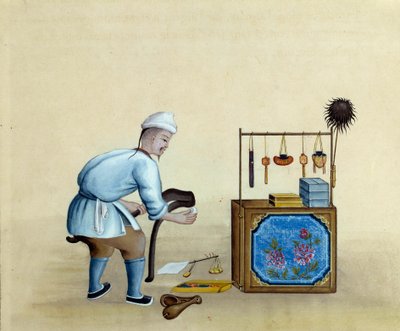 Chiński kupiec ostrzący nożyczki do cięcia sztabek srebra. Rysunek z XVII wieku. Paryż. B N autorstwa Unknown artist