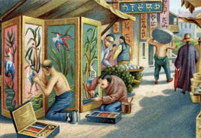Pracujący na ulicy chińscy plomażyści: robią panele lub ekrany za pomocą igły i piór. Chromolitografia XIX wieku autorstwa Unknown artist