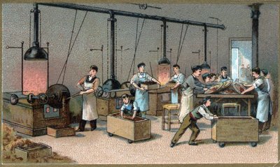 Produkcja czekolady. Pokój do torowania kakao. Chromolitografia z końca XIX wieku autorstwa Unknown artist