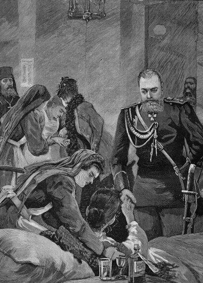 Cholera w Rosji w 1892 roku: Aleksander III, cesarz Rosji i jego żona Maria Fiodorowna, cesarz Rosji odwiedzają szpital. Grawerowanie z 1892 roku. autorstwa Unknown artist