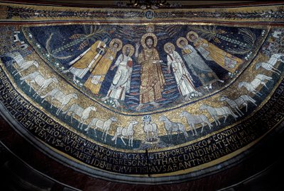 Chrystus wśród św. Pawła, św. Cecylii, św. Pascala, św. Piotra, św. Waleriana i św. Agaty (mozaika, 821) autorstwa Unknown artist
