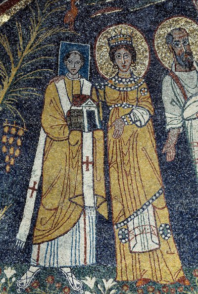 Chrystus pośród św. Pawła, św. Cecylii, św. Pascala, św. Piotra, św. Waleriana i św. Agaty (Mozaika, 821) autorstwa Unknown artist