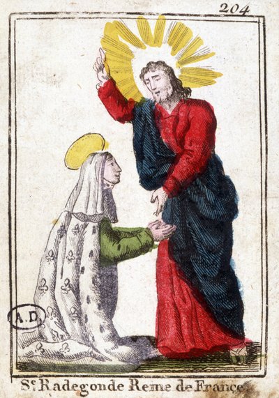 Chrystus i św. Radegonda (ok. 520 - 587), królowa Francji, żona Clotaire (Clothaire) I. Obraz pobożny. Rycina z początku XIX wieku. Bibliotheque des Arts Décoratifs de Paris. autorstwa Unknown artist