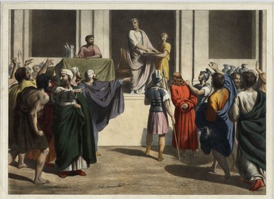 Chrystus przed Poncjuszem Pilatiusem: Widząc, że ludzie pragnęli śmierci Jezusa i obawiając się zamieszek, Piłat wziął wodę, umył ręce przed tłumem, mówiąc: „Nie jestem odpowiedzialny za tę krew; to do Ciebie należy”. Anonimowy grawer z mi autorstwa Unknown artist