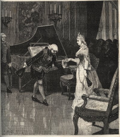 Christoph Willibald Gluck przed królową Marią Antoniną w Trianon - Christoph Willibald Gluck (1714-1787), niemiecki kompozytor grający przed królową Marią Antoniną a Trianon - grawer w ilustrowanym tygodniku „Muzyka popularna” - 1882 autorstwa Unknown artist