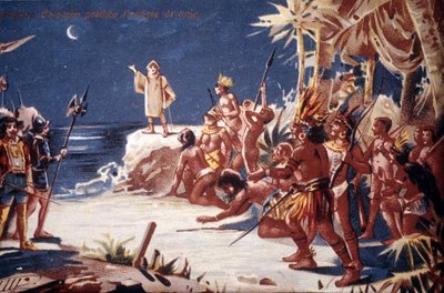 Krzysztof Kolumb przepowiada Indianom zaćmienie księżyca. XIX-wieczna chromolitografia. autorstwa Unknown artist