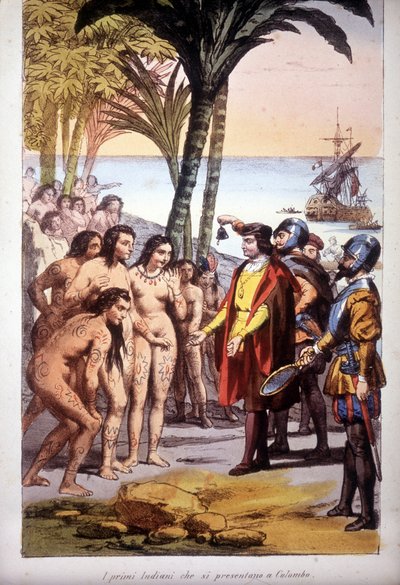 Lądowanie Krzysztofa Kolumba w San Salvador (Bahamy) 12.10.1492 r.: pierwsi Indianie pojawili się przed Kolumbem. Grawerowanie 1850. autorstwa Unknown artist